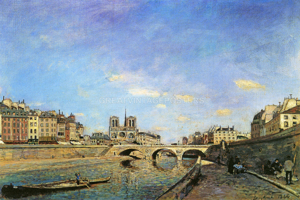 THE SEINE RIVER AND NOTRE-DAME CATHEDRAL PARIS 1864 PAINTING BY