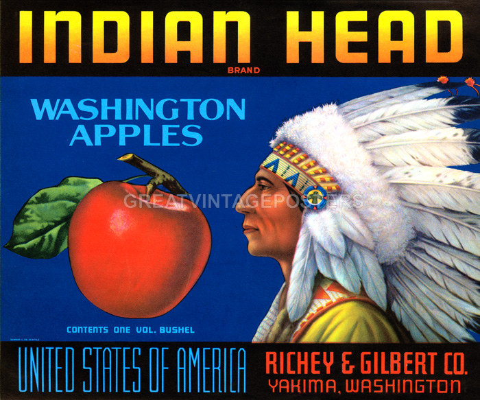 CRATE LABEL INDIAN HEAD WASHINGTON APPLES RED APPLE USA VINTAGE